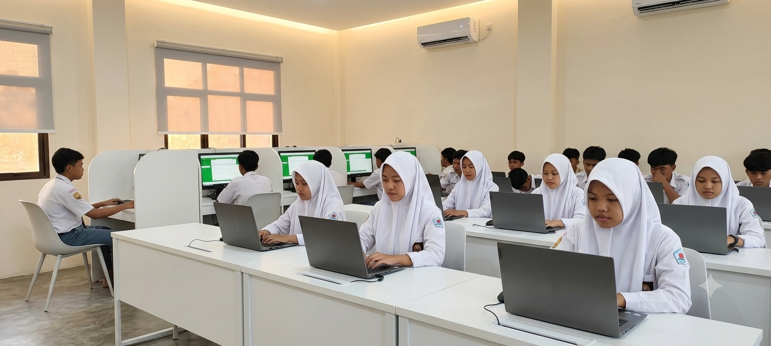 Students in front of madrasah building illustration