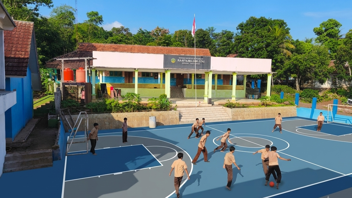 Students in front of madrasah building illustration